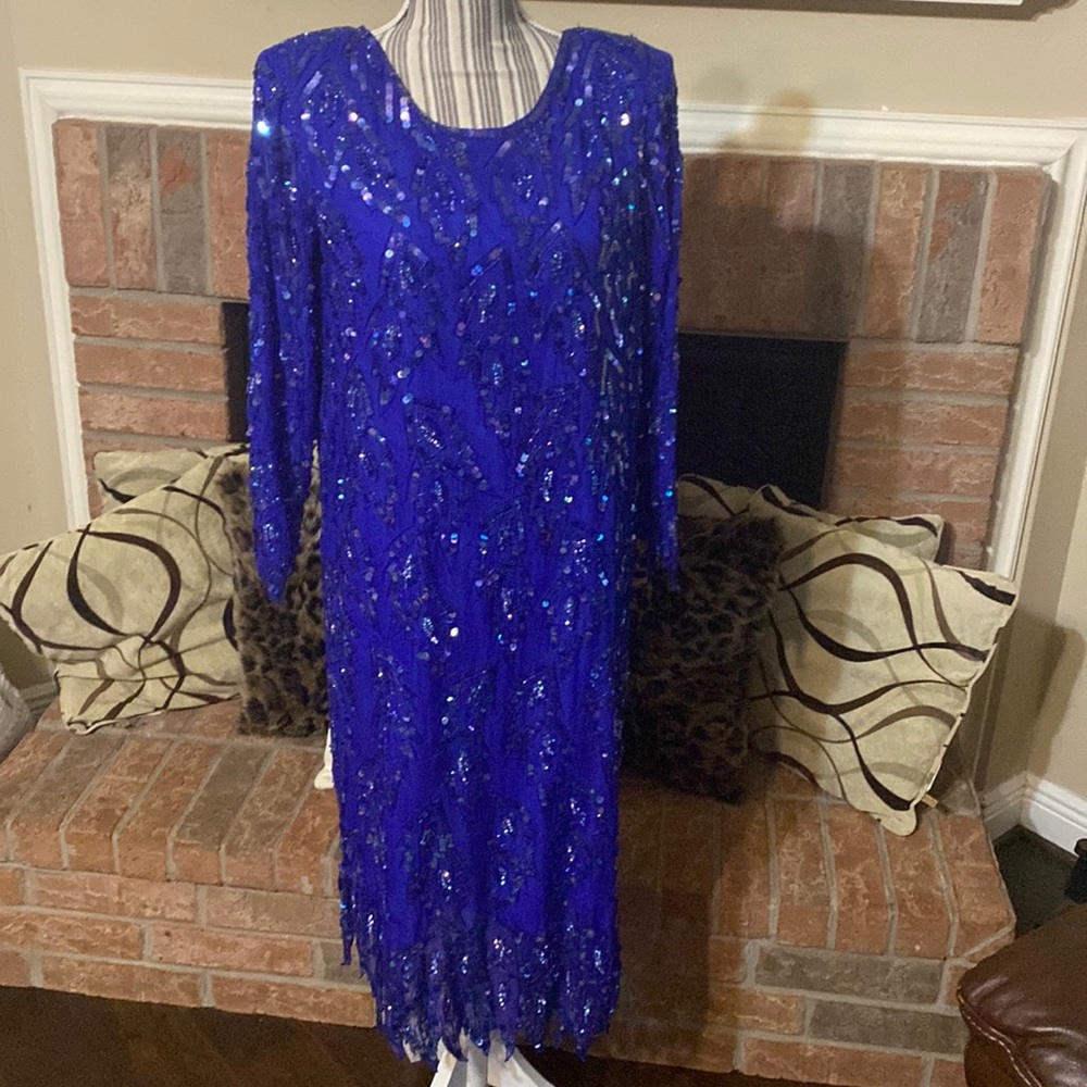 Scala | 100% Pure Silk Sequined Blue Cocktail Dress  - Vintage | Size: M